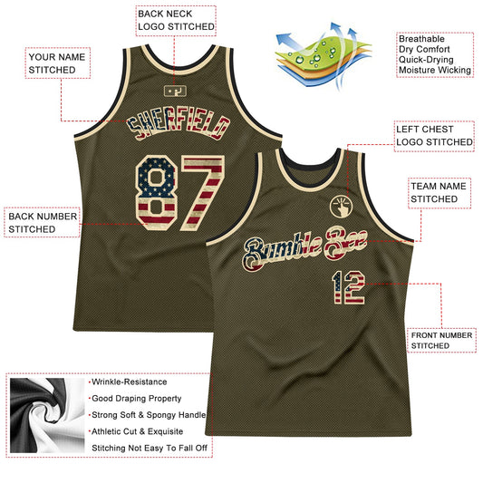 Custom Olive Vintage USA Flag Cream-Black Authentic Throwback Salute To Service Basketball Jersey - Sky-Custom