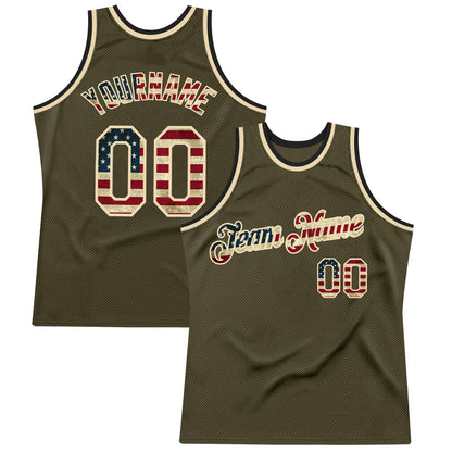 Custom Olive Vintage USA Flag Cream-Black Authentic Throwback Salute To Service Basketball Jersey - Sky-Custom