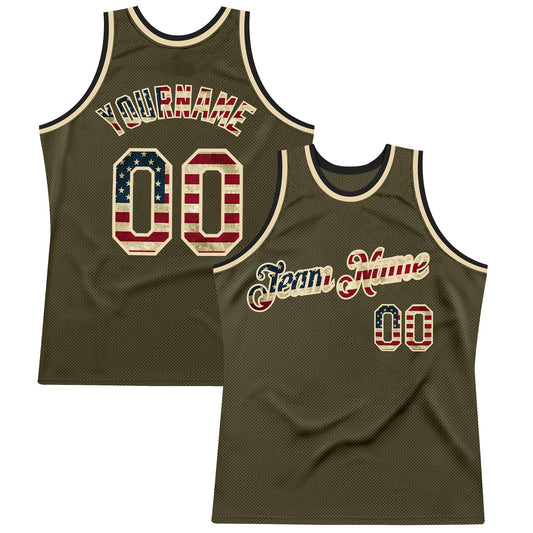 Custom Olive Vintage USA Flag Cream-Black Authentic Throwback Salute To Service Basketball Jersey - Sky-Custom