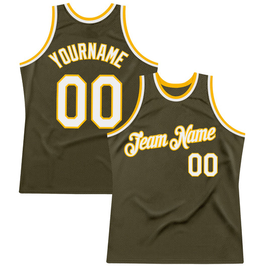 Custom Olive White-Gold Authentic Throwback Salute To Service Basketball Jersey - Sky-Custom