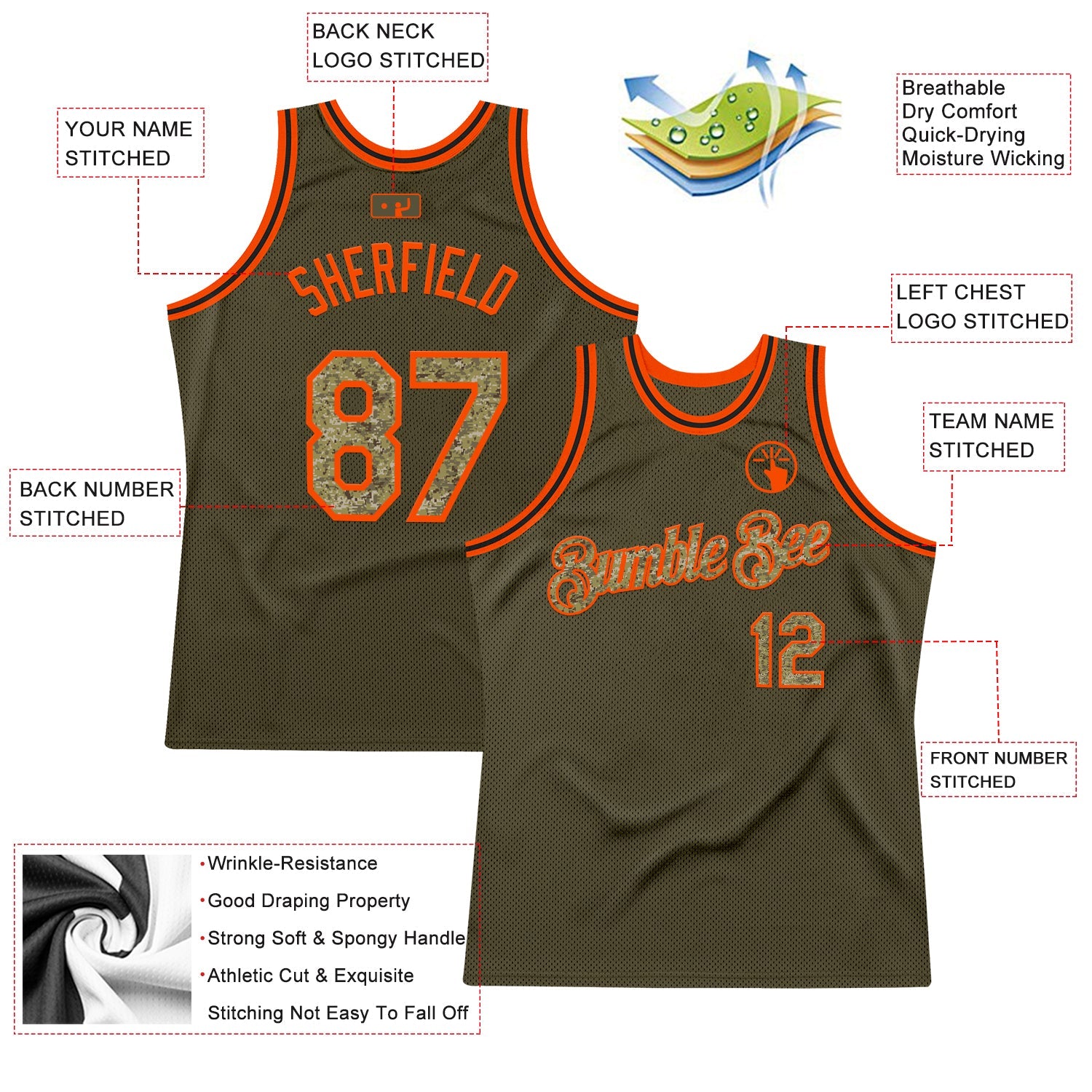 Custom Olive Camo Orange-Black Authentic Throwback Salute To Service Basketball Jersey - Sky-Custom