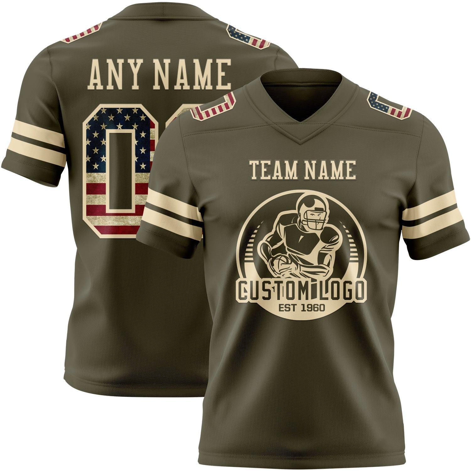 Custom Olive Vintage USA Flag-Cream Mesh Authentic Salute To Service Football Jersey - Sky-Custom