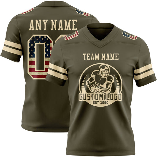 Custom Olive Vintage USA Flag-Cream Mesh Authentic Salute To Service Football Jersey - Sky-Custom