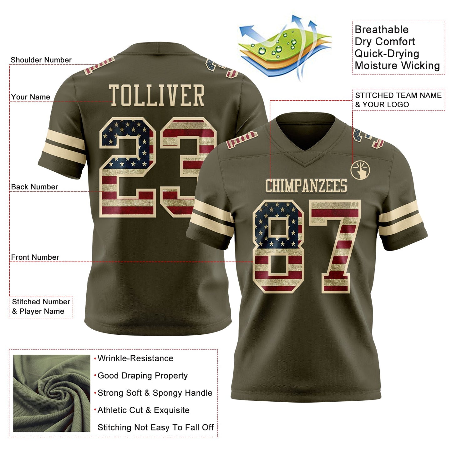 Custom Olive Vintage USA Flag-Cream Mesh Authentic Salute To Service Football Jersey - Sky-Custom