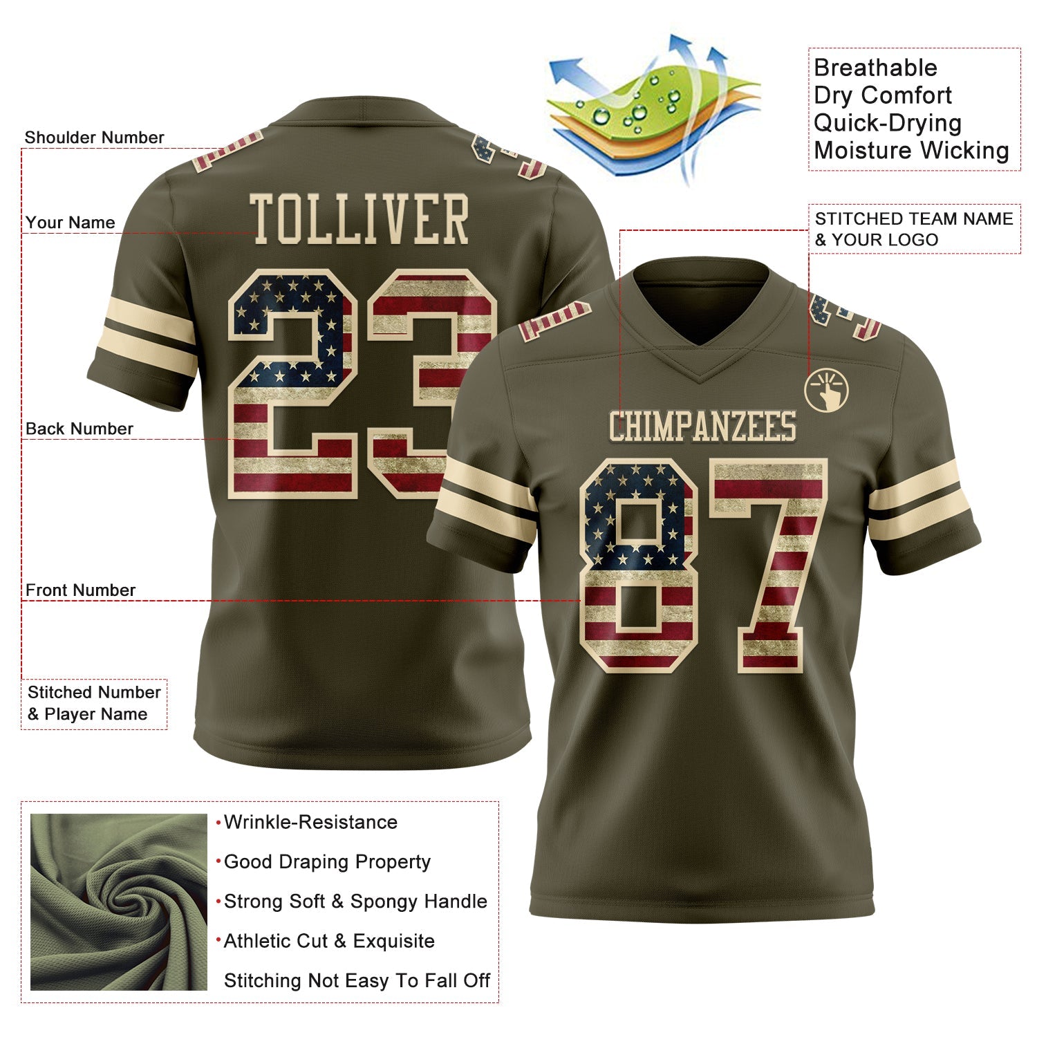 Custom Olive Vintage USA Flag-Cream Mesh Authentic Salute To Service Football Jersey - Sky-Custom