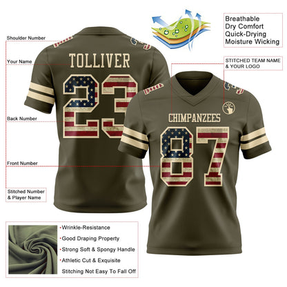 Custom Olive Vintage USA Flag-Cream Mesh Authentic Salute To Service Football Jersey - Sky-Custom