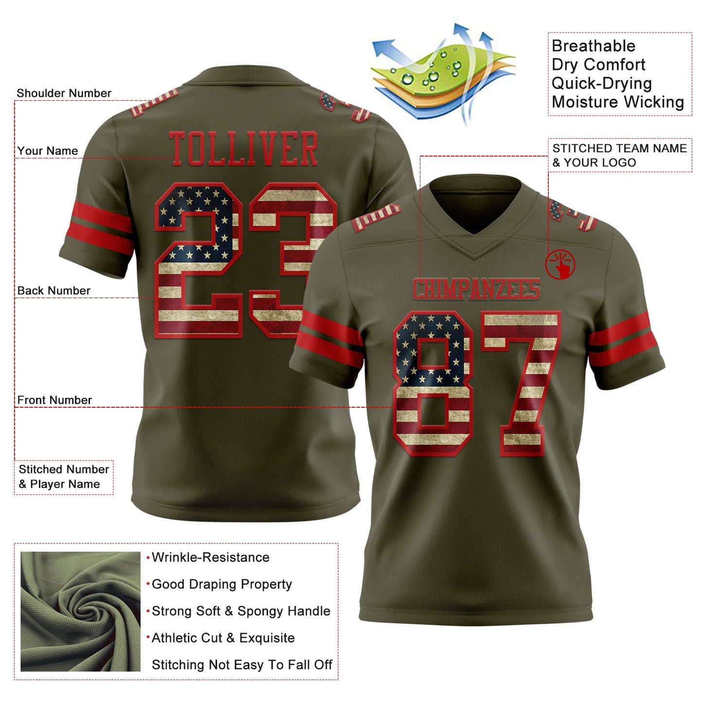 Custom Olive Vintage USA Flag-Red Mesh Authentic Salute To Service Football Jersey - Sky-Custom