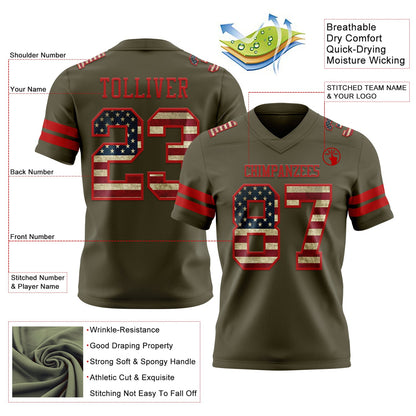 Custom Olive Vintage USA Flag-Red Mesh Authentic Salute To Service Football Jersey - Sky-Custom