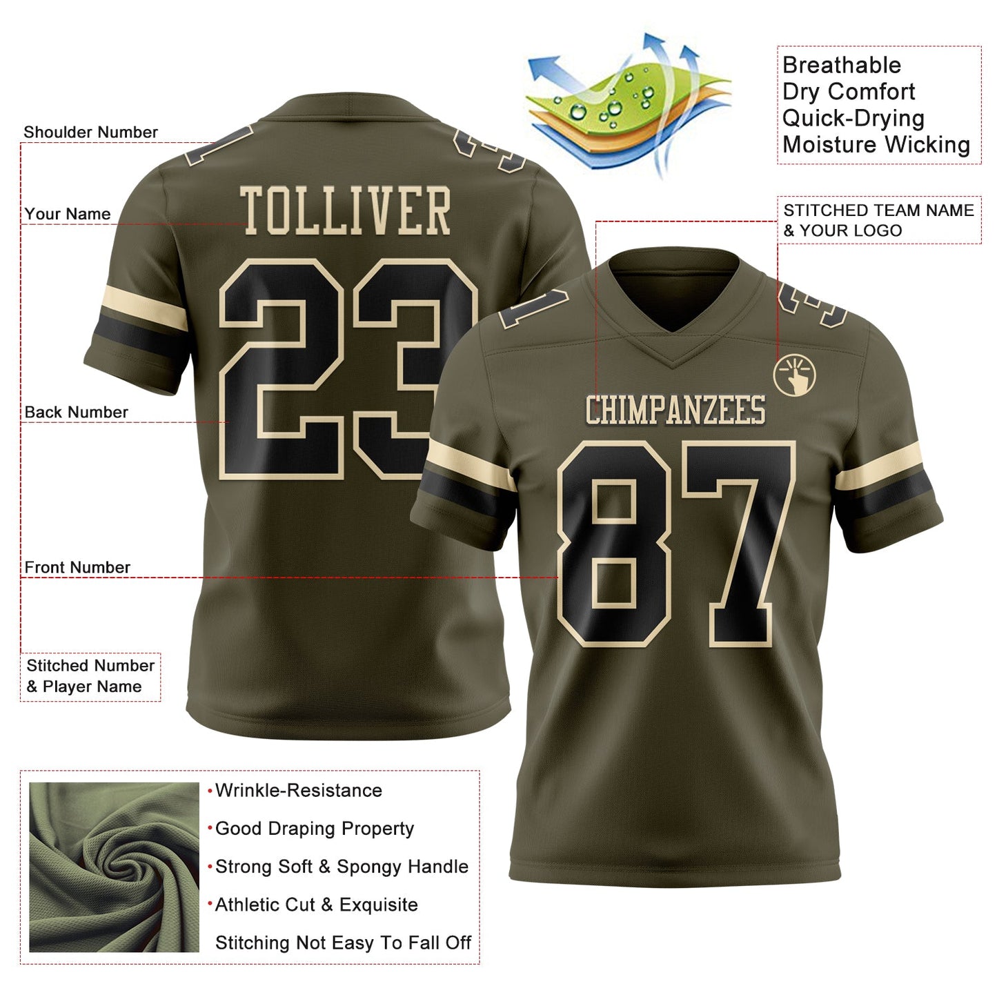 Custom Olive Black-Cream Mesh Authentic Salute To Service Football Jersey - Sky-Custom