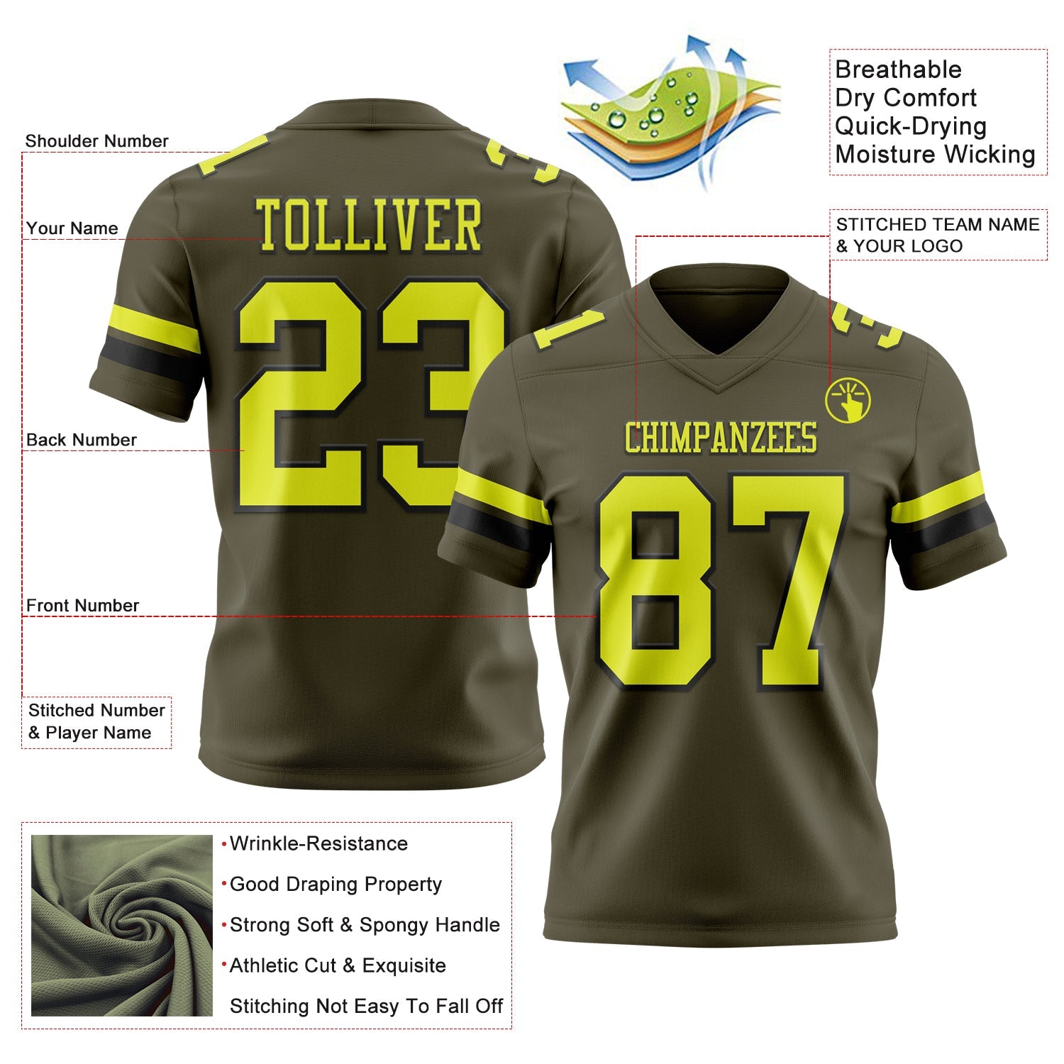 Custom Olive Neon Yellow-Black Mesh Authentic Salute To Service Football Jersey - Sky-Custom