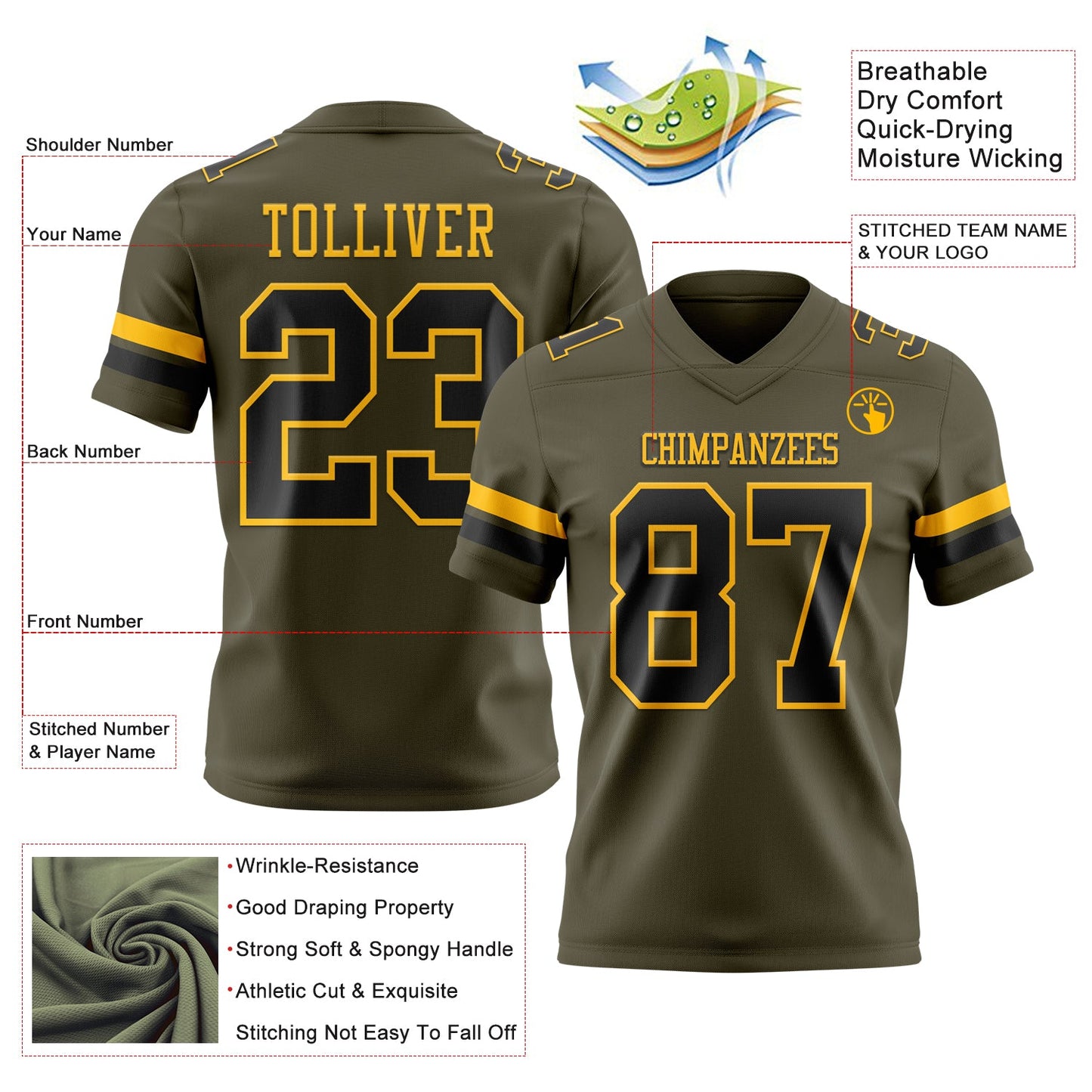 Custom Olive Black-Gold Mesh Authentic Salute To Service Football Jersey - Sky-Custom
