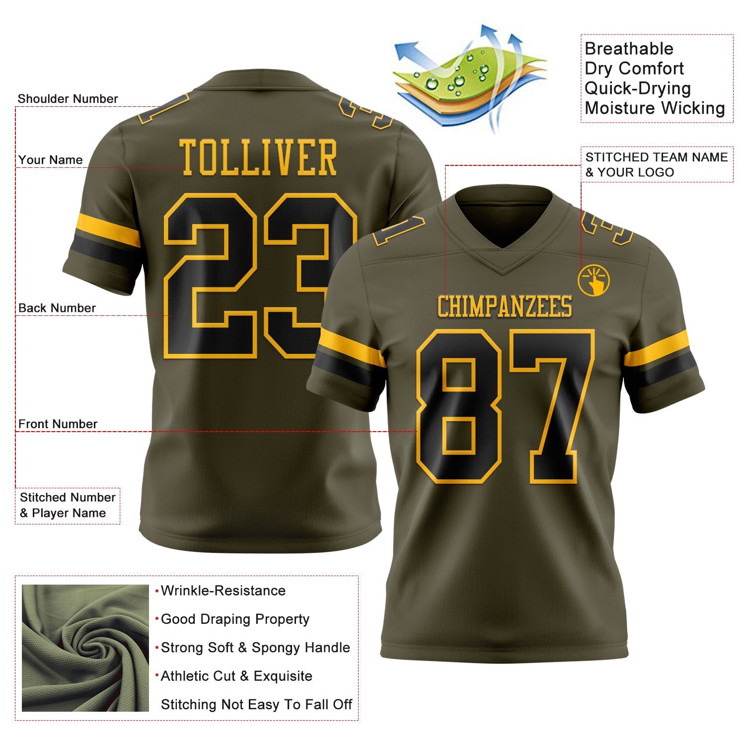 Custom Olive Black-Gold Mesh Authentic Salute To Service Football Jersey - Sky-Custom