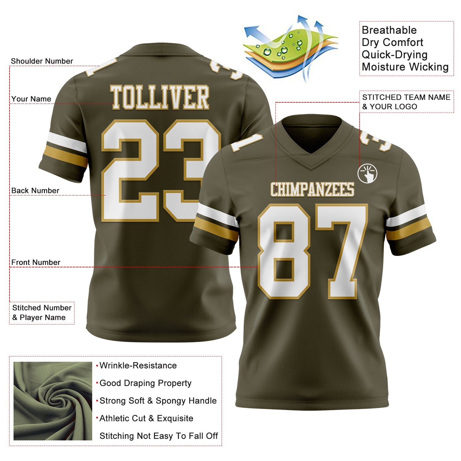 Custom Olive White-Old Gold Mesh Authentic Salute To Service Football Jersey - Sky-Custom