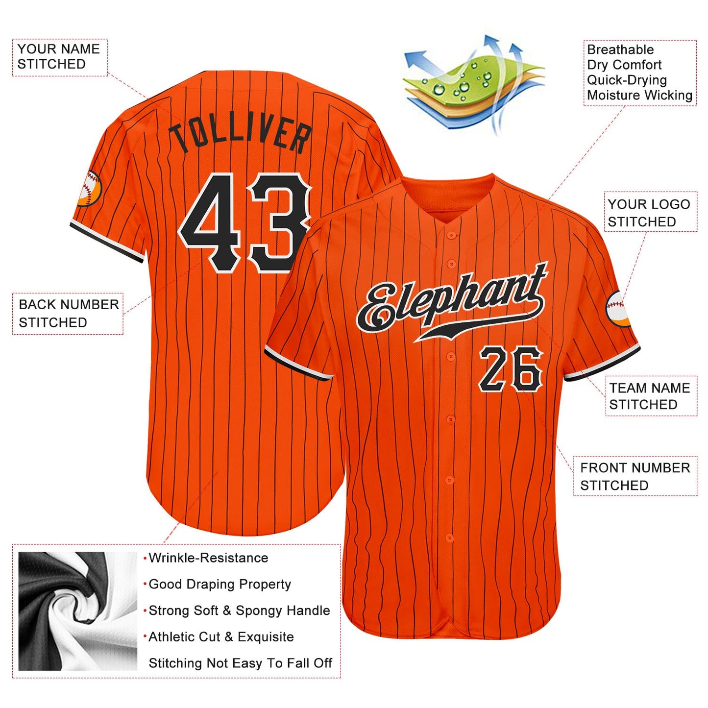 Custom Orange Black Pinstripe Black-White Authentic Baseball Jersey - Sky-Custom