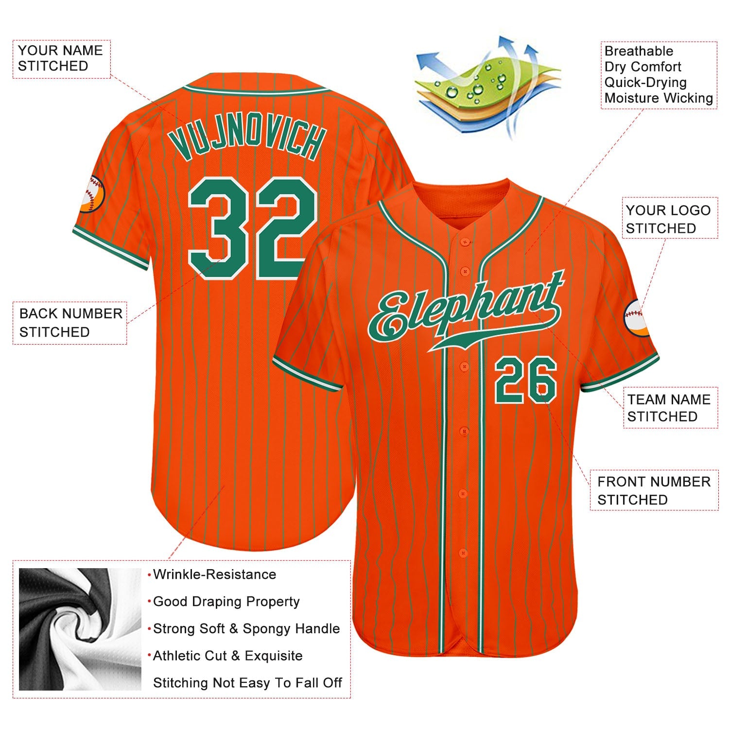 Custom Orange Kelly Green Pinstripe Kelly Green-White Authentic Baseball Jersey - Sky-Custom