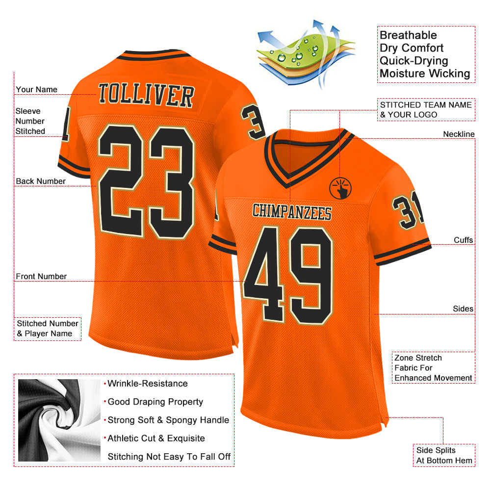 Custom Orange Black-Old Gold Mesh Authentic Throwback Football Jersey - Sky-Custom
