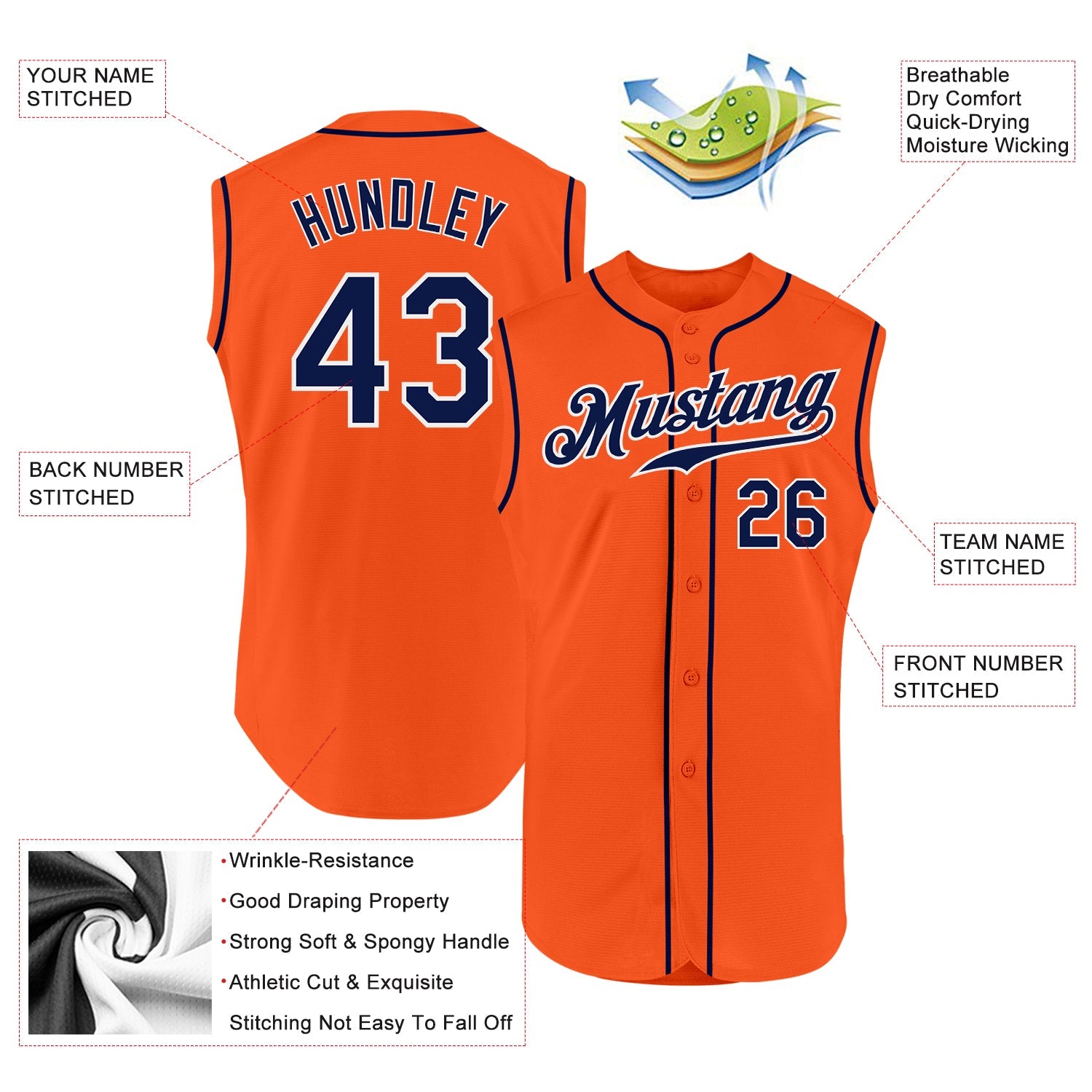Custom Orange Navy-White Authentic Sleeveless Baseball Jersey - Sky-Custom