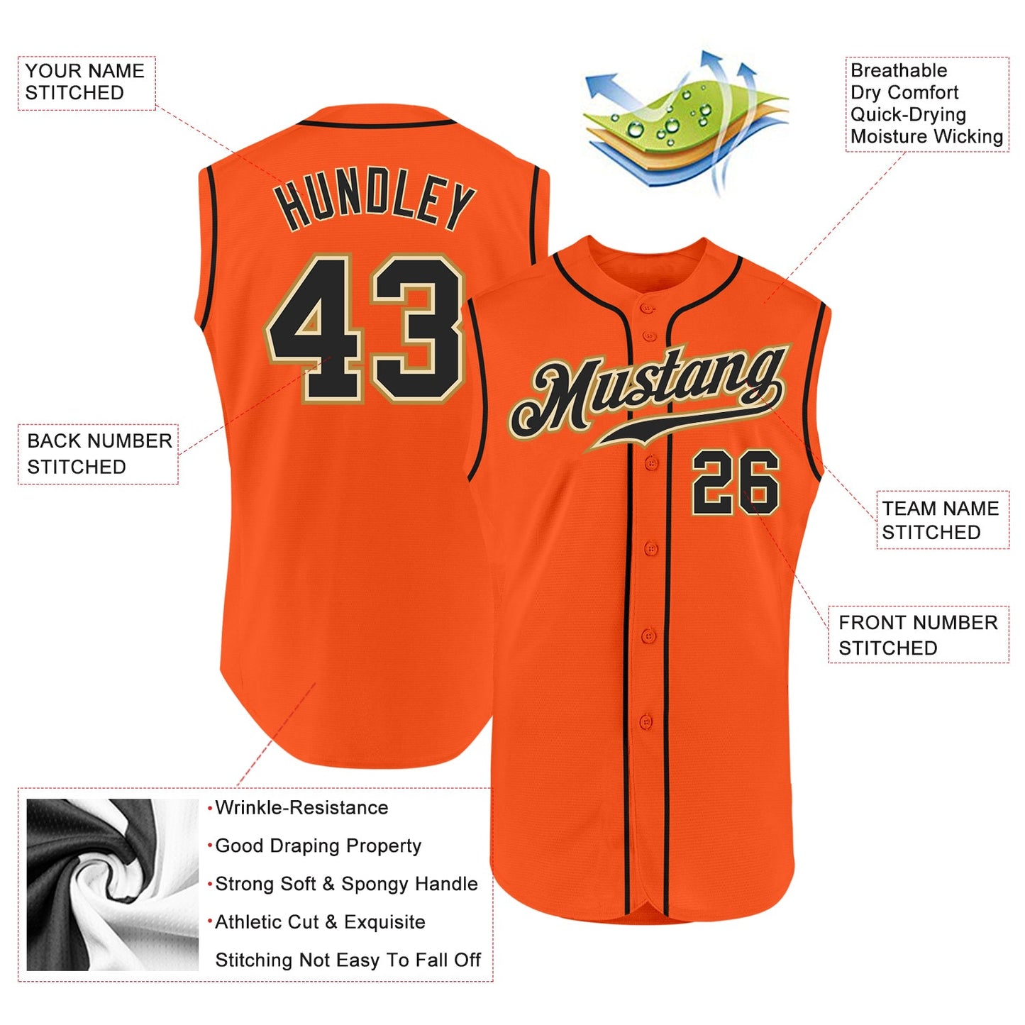 Custom Orange Black-Cream Authentic Sleeveless Baseball Jersey - Sky-Custom