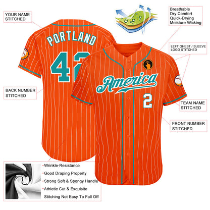 Custom Orange White Pinstripe Teal-White Authentic Baseball Jersey - Sky-Custom