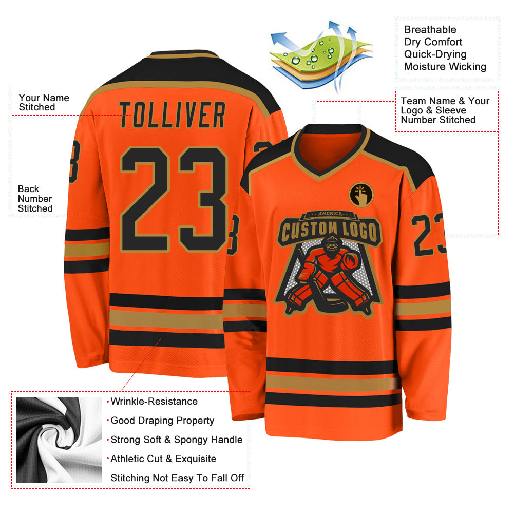 Custom Orange Black-Old Gold Hockey Jersey - Sky-Custom