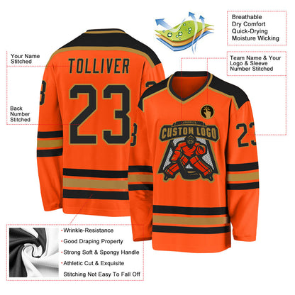 Custom Orange Black-Old Gold Hockey Jersey - Sky-Custom