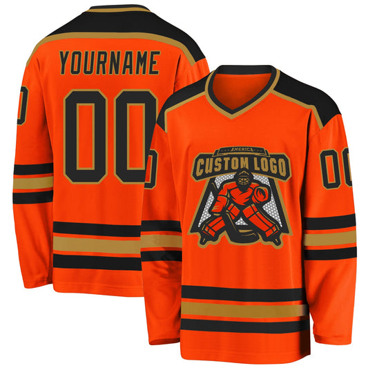 Custom Orange Black-Old Gold Hockey Jersey - Sky-Custom