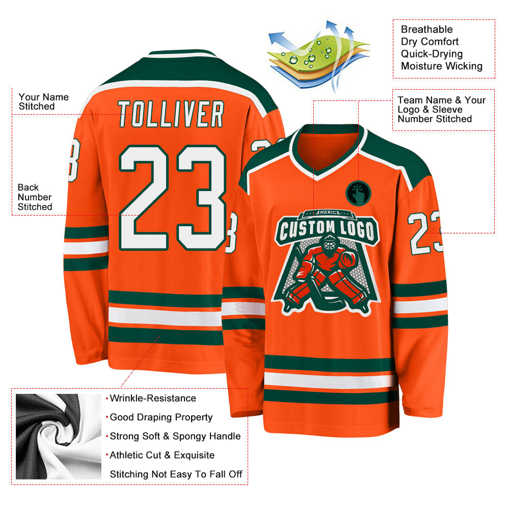 Custom Orange White-Green Hockey Jersey - Sky-Custom