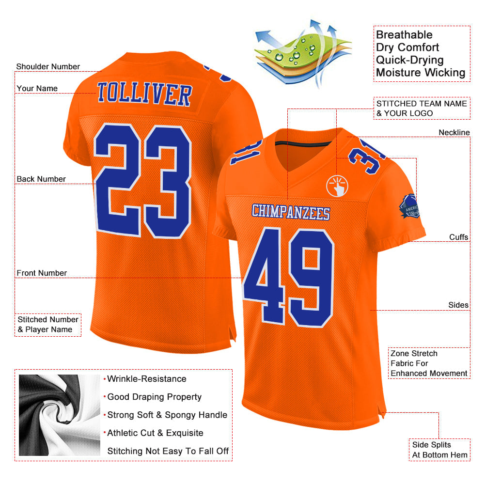 Custom Orange Royal-White Mesh Authentic Football Jersey - Sky-Custom