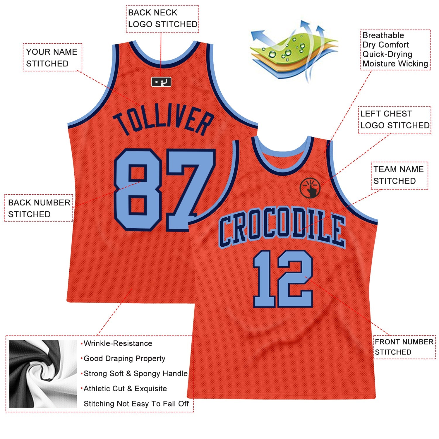 Custom Orange Light Blue-Navy Authentic Throwback Basketball Jersey - Sky-Custom