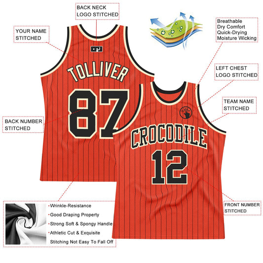 Custom Orange Black Pinstripe Black-Cream Authentic Basketball Jersey - Sky-Custom