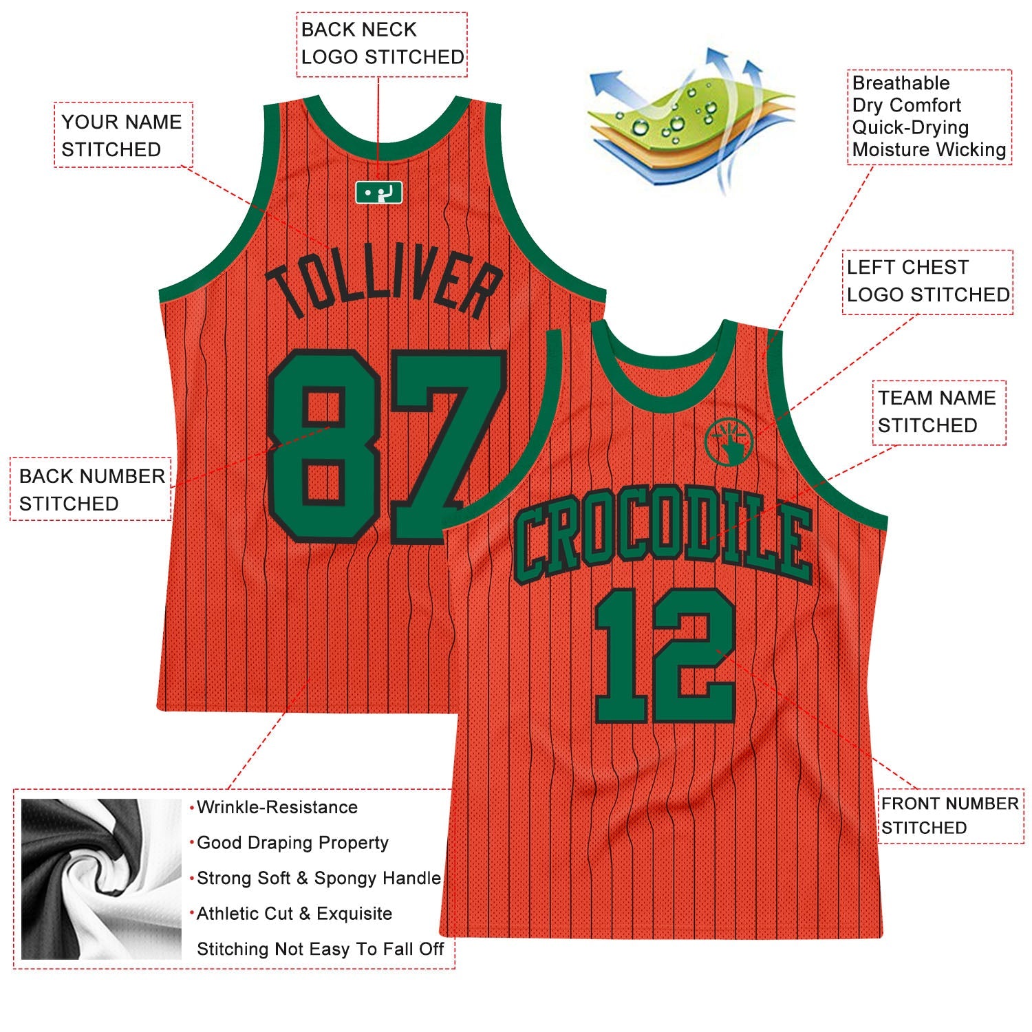 Custom Orange Black Pinstripe Kelly Green Authentic Basketball Jersey - Sky-Custom