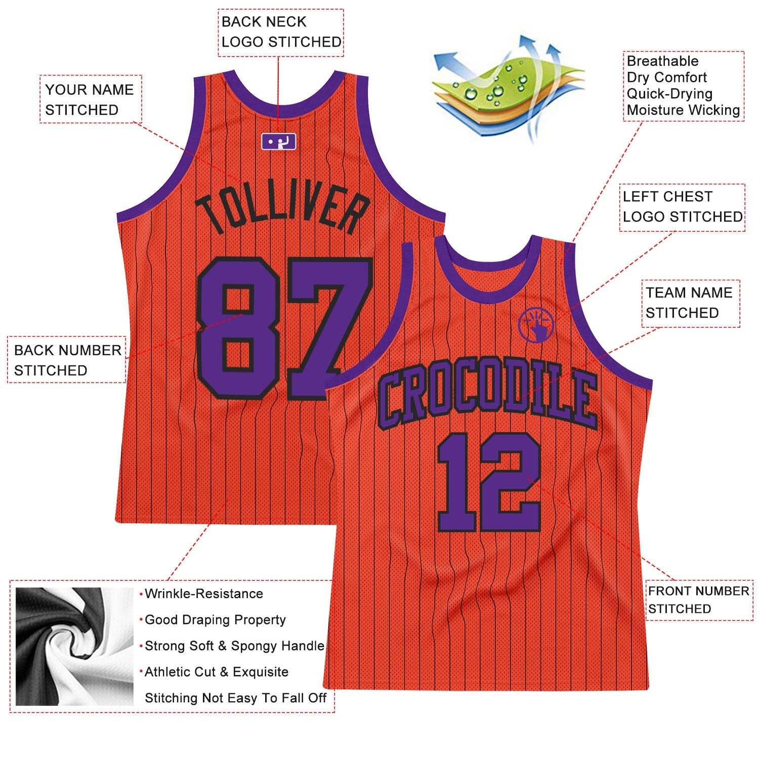 Custom Orange Black Pinstripe Purple Authentic Basketball Jersey - Sky-Custom