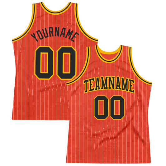Custom Orange White Pinstripe Black-Gold Authentic Basketball Jersey - Sky-Custom