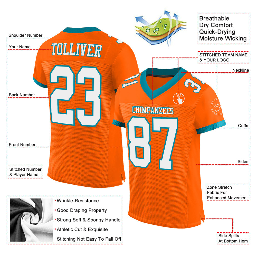 Custom Orange White-Teal Mesh Authentic Football Jersey - Sky-Custom