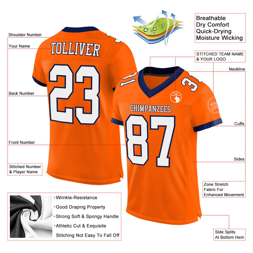 Custom Orange White-Navy Mesh Authentic Football Jersey - Sky-Custom