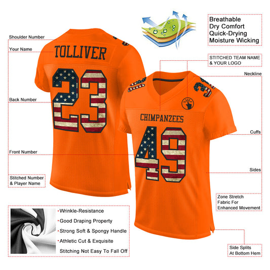 Custom Orange Vintage USA Flag-Black Mesh Authentic Football Jersey - Sky-Custom