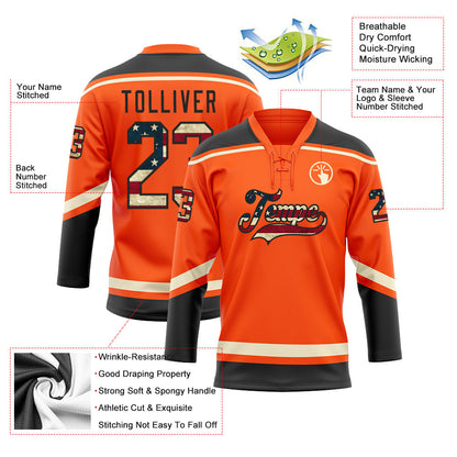 Custom Orange Vintage USA Flag Black-Cream Hockey Lace Neck Jersey - Sky-Custom
