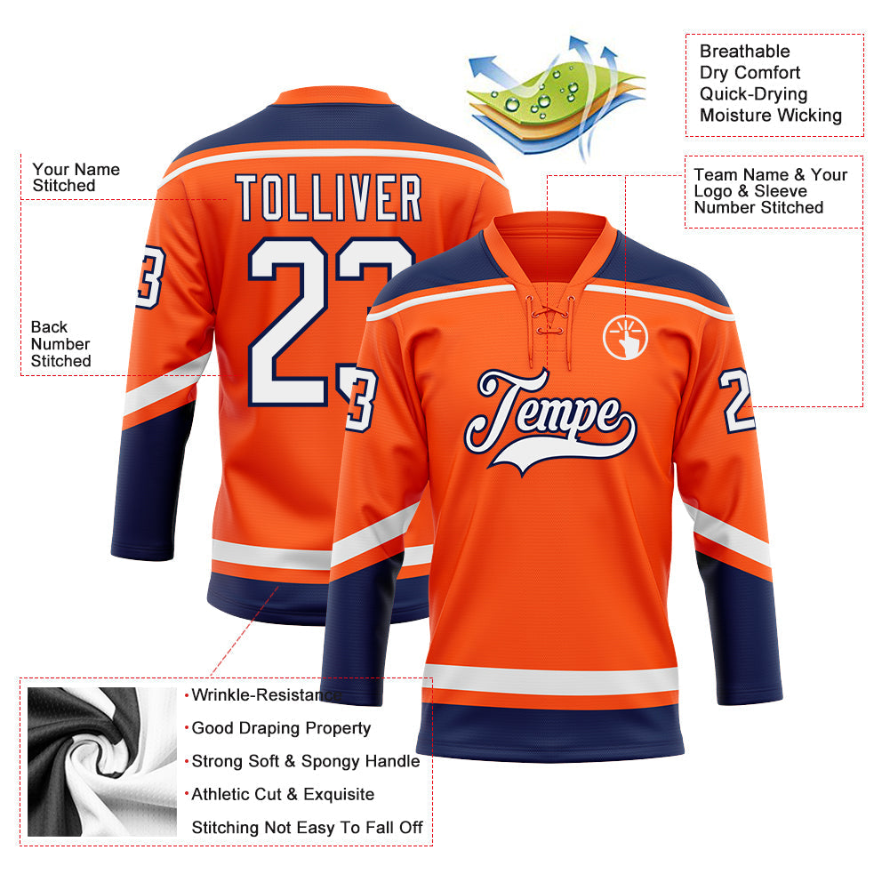 Custom Orange White-Navy Hockey Lace Neck Jersey - Sky-Custom