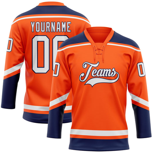 Custom Orange White-Navy Hockey Lace Neck Jersey - Sky-Custom