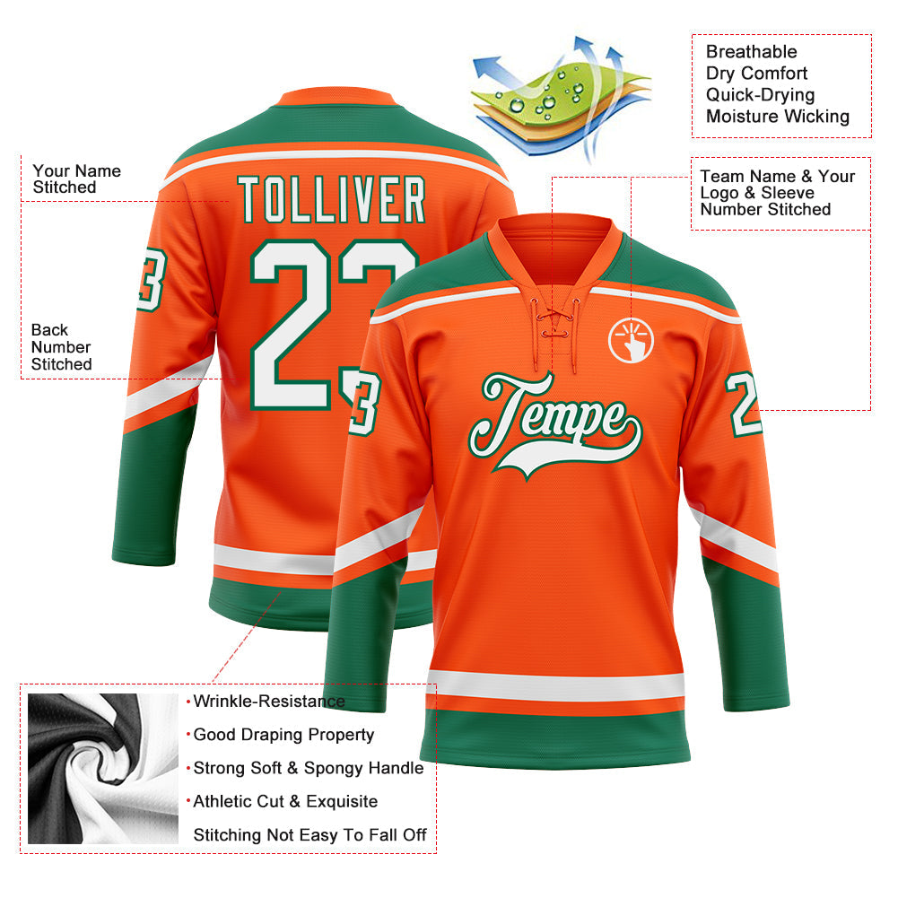 Custom Orange White-Kelly Green Hockey Lace Neck Jersey - Sky-Custom