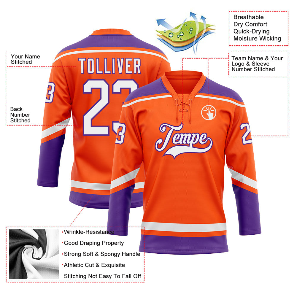 Custom Orange White-Purple Hockey Lace Neck Jersey - Sky-Custom