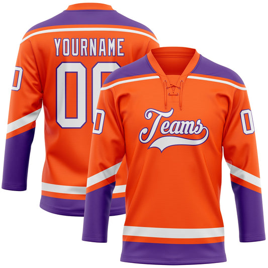Custom Orange White-Purple Hockey Lace Neck Jersey - Sky-Custom