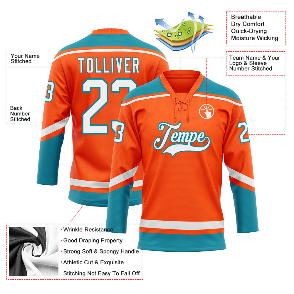 Custom Orange White-Teal Hockey Lace Neck Jersey - Sky-Custom