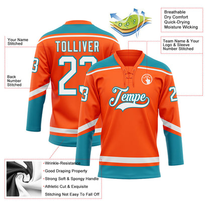 Custom Orange White-Teal Hockey Lace Neck Jersey - Sky-Custom