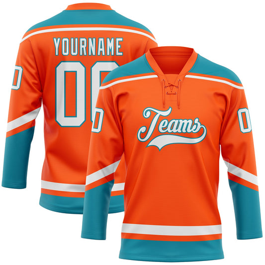 Custom Orange White-Teal Hockey Lace Neck Jersey - Sky-Custom