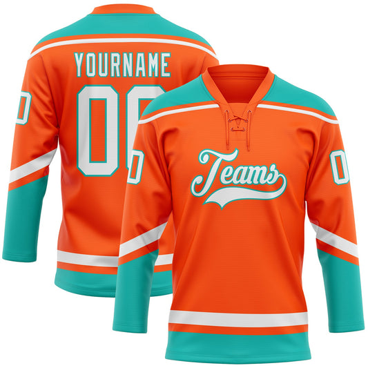 Custom Orange White-Aqua Hockey Lace Neck Jersey - Sky-Custom