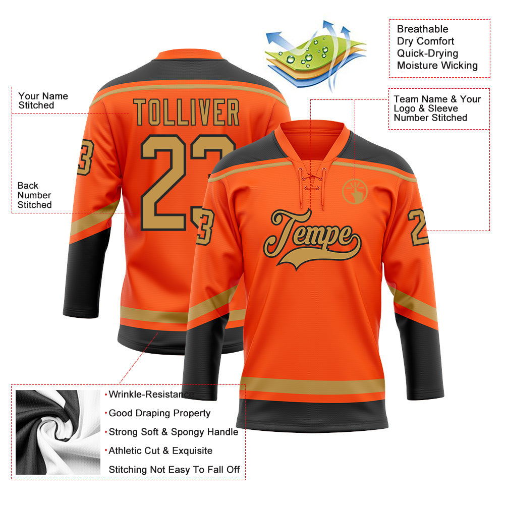 Custom Orange Old Gold-Black Hockey Lace Neck Jersey - Sky-Custom