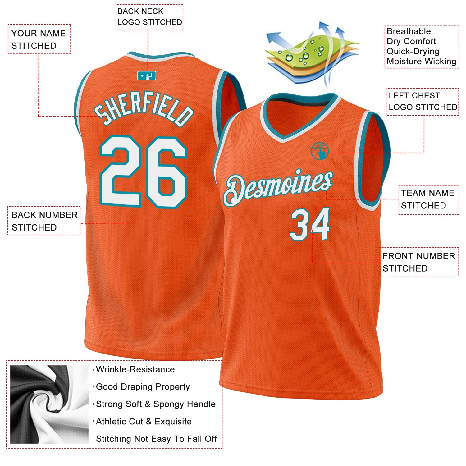 Custom Orange White-Teal Authentic Throwback Basketball Jersey - Sky-Custom