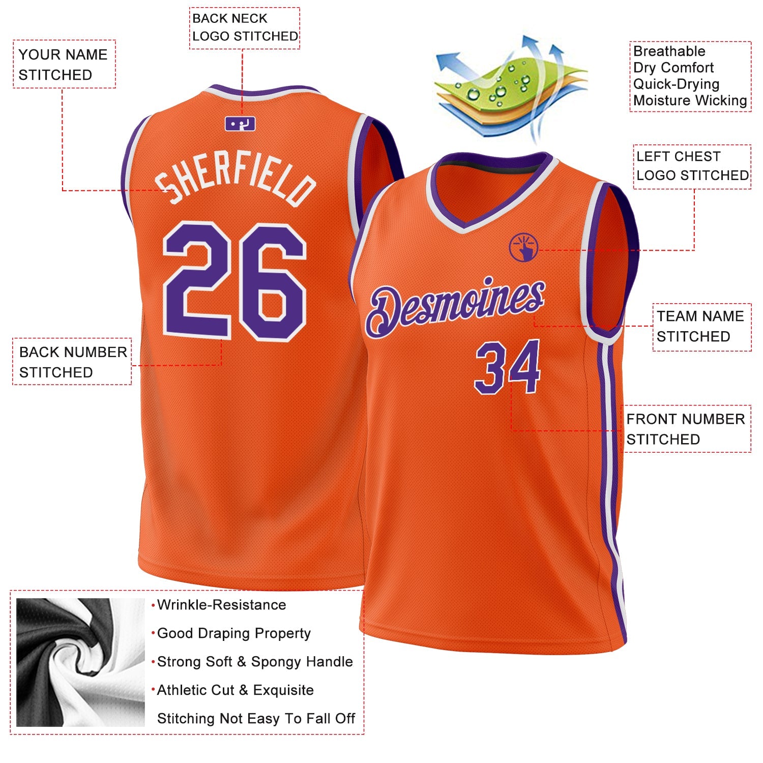 Custom Orange Purple-White Authentic Throwback Basketball Jersey - Sky-Custom