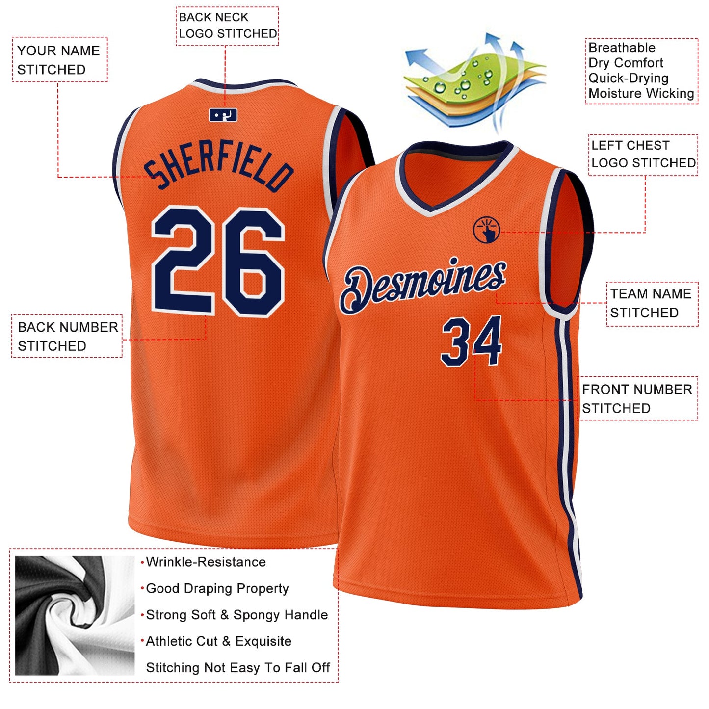 Custom Orange Navy-White Authentic Throwback Basketball Jersey - Sky-Custom